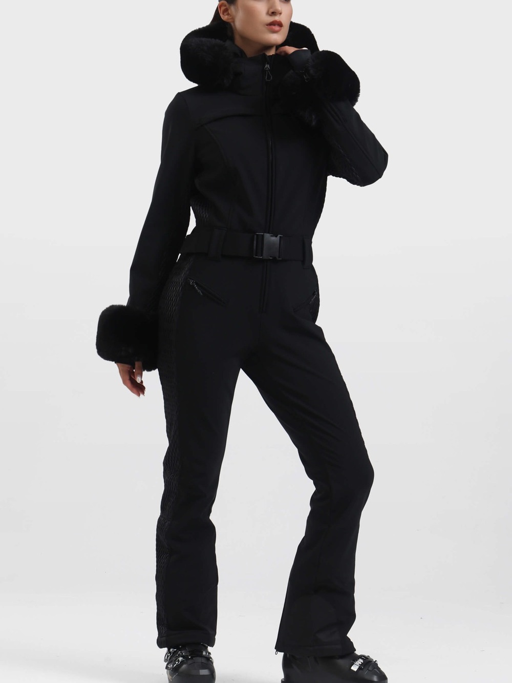 GSOU SNOW Black Faux Fur Shirred Waterproof One-Piece Ski Suit Size L - Picture 4 of 14
